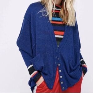FREE PEOPLE Days Like This Cardigan Sweater Blue Linen Oversized Snaps Large